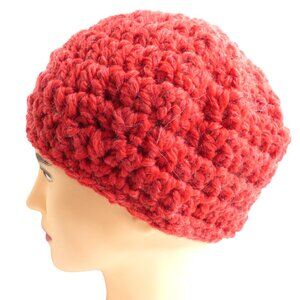 Mohair Lambswool Chunky Red Beanie Handmade Crochet Beret Hand Knit 8" NWT